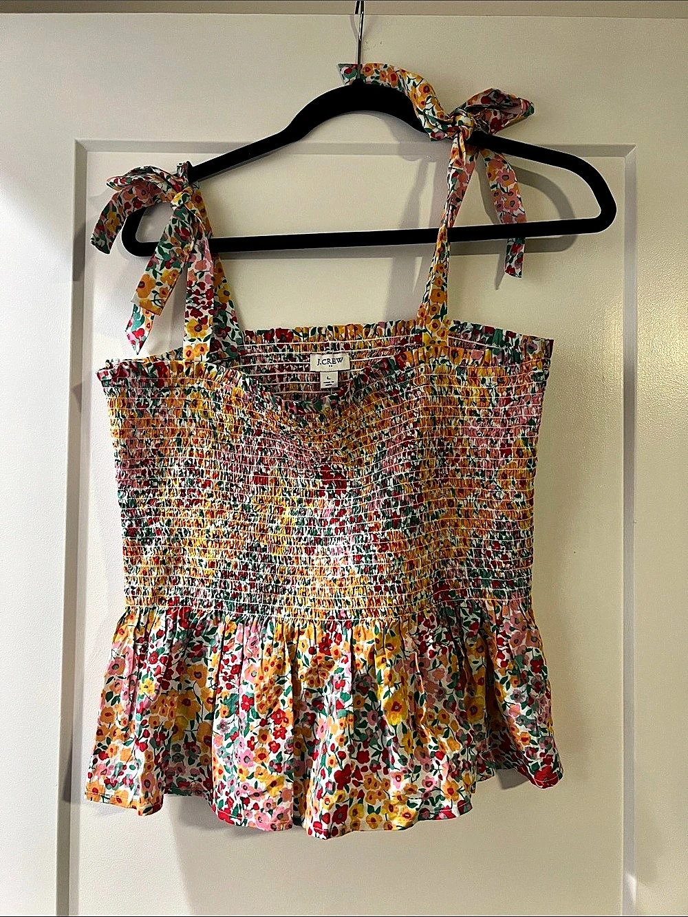 J.Crew Smocked shell tank top in floral-print cotton Smocked Floral Peplum